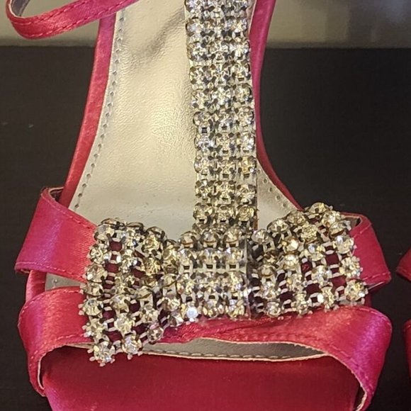 CORA Rhinestones Pink/ Silver Fabric Open Toe Platform Stiletto Heels Size 6 - Picture 4 of 11